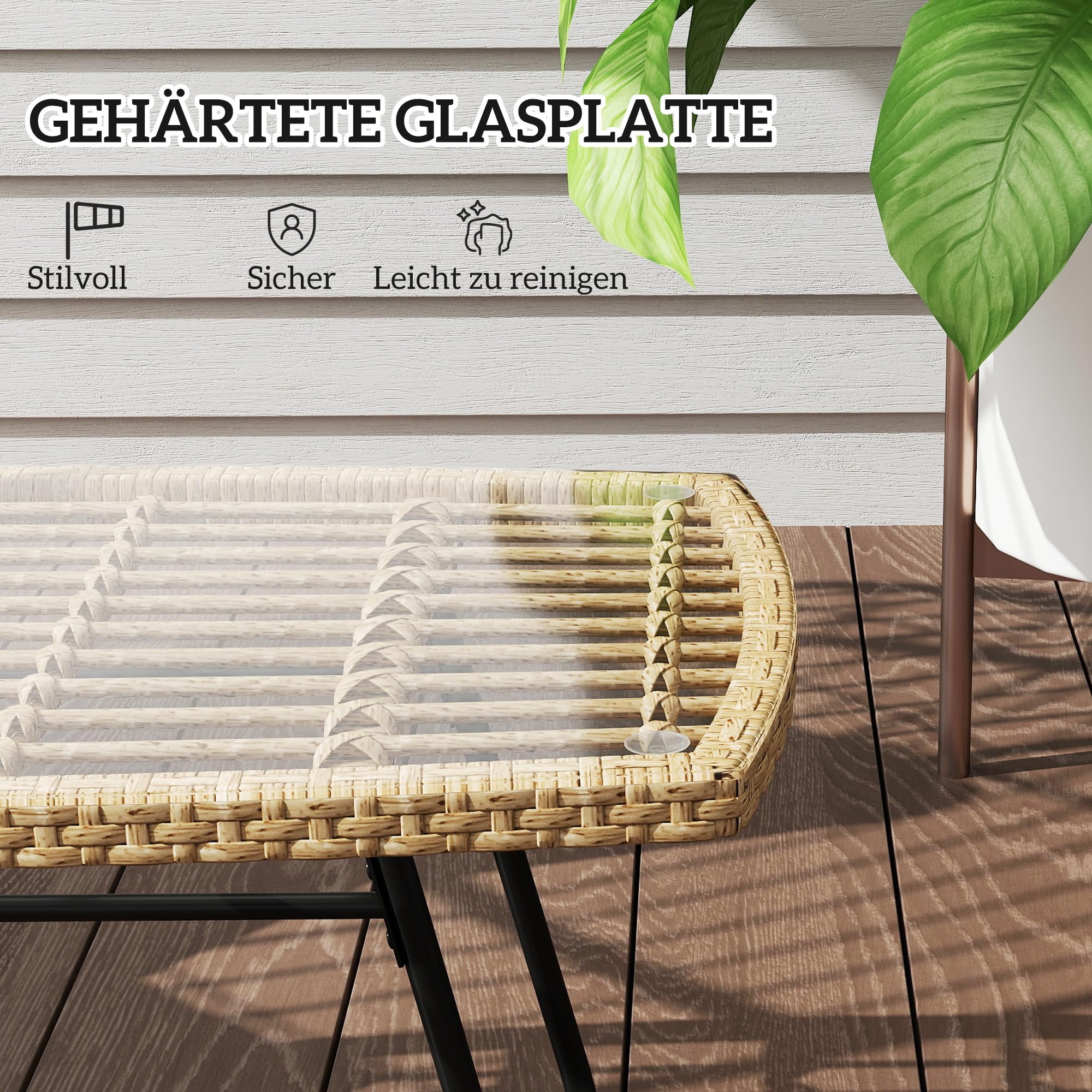 Outsunny Polyrattan Gartentisch 90 x 50 x 45 cm UV-beständig Naturholz | Beistelltisch mit Glasplatte, Rechteckiger Terrassentisch, Balkontisch für Garten, Terrasse, Balkon
