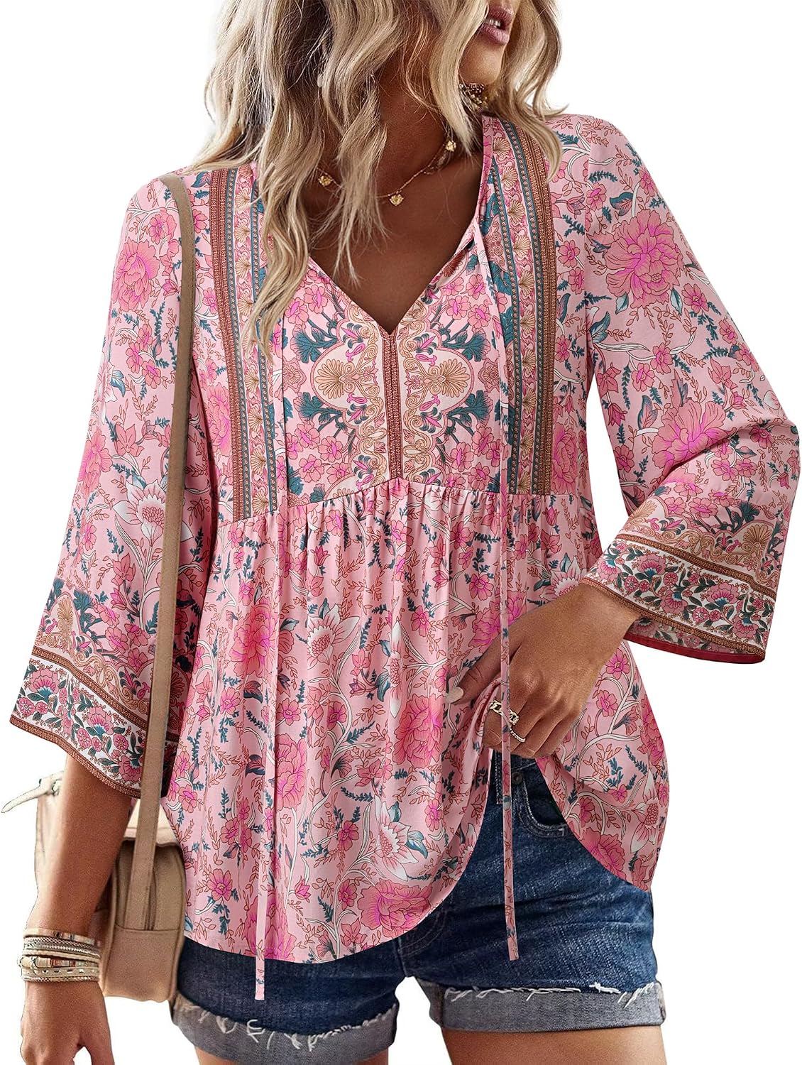 Unixseque Summer Boho Womens Tops Floral Print Dressy Casual V-Neck Tie Front Trendy Fall 3/4 Sleeve Blouses