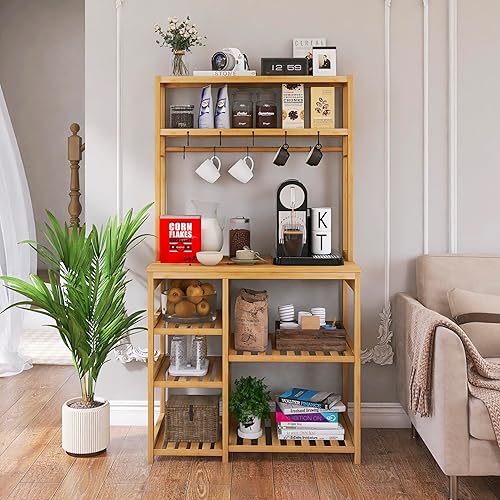 Miniatura 3 de SMIBUY Estante de cocina para panadero, soporte de microondas de bambú de 6 niveles con estantes de almacenamiento, estación de mesa de barra de