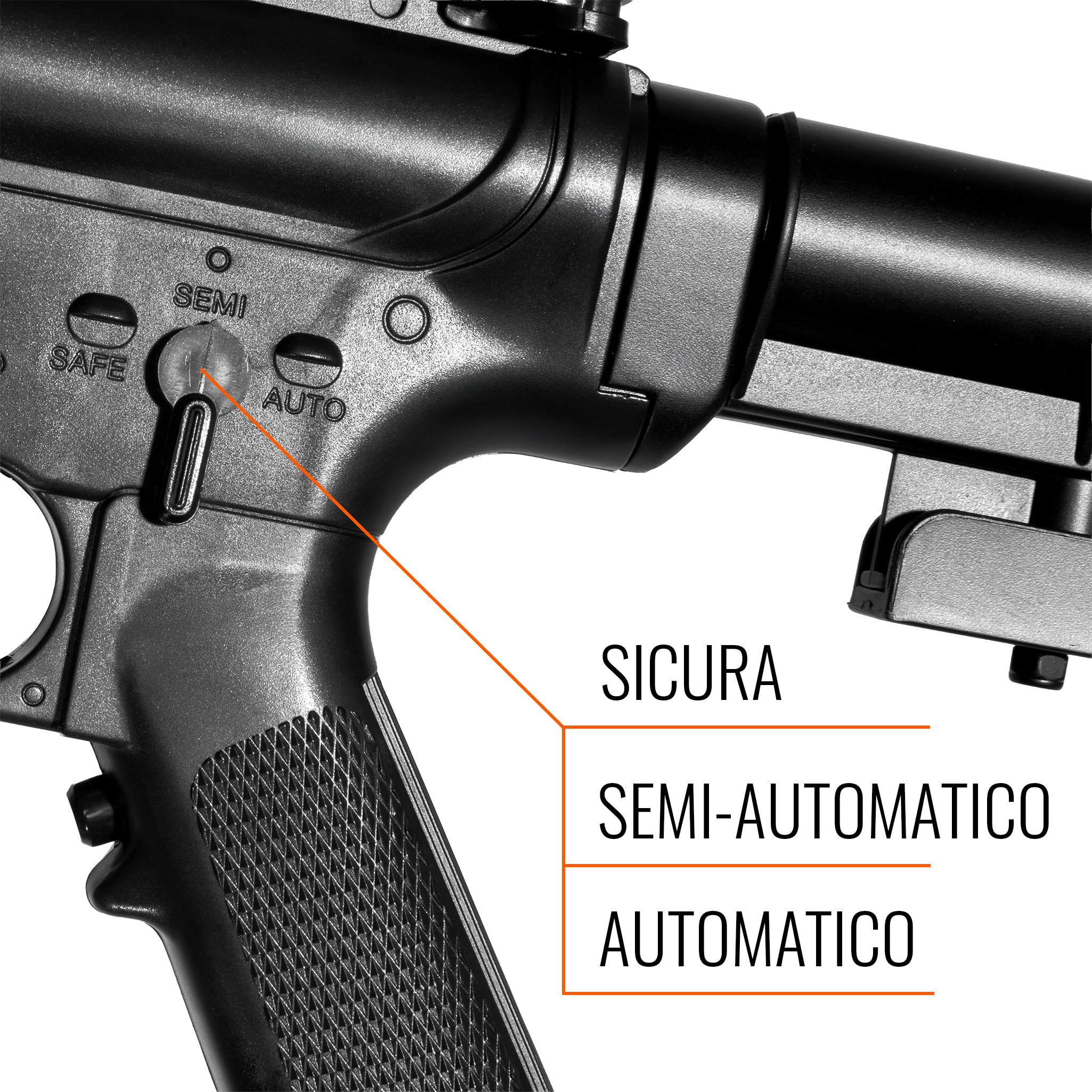 Fucile softair elettrico D94 nero, ABS resina, 2 caricatori 170 pallini, sicura singolo full-auto, calcio retrattile, Ni-MH 4.8V 700mAh + caricabatterie, POTENZA 0,9 JOULE