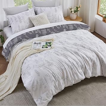 Qucover Coverless Duvet Single with 1 Pillowcase, 135x200cm Reversible Duvet Set with Floral Botanical Pattern, 2-Piece All Seasons Comforter Single Size, Lightweight Single Duvet Set White