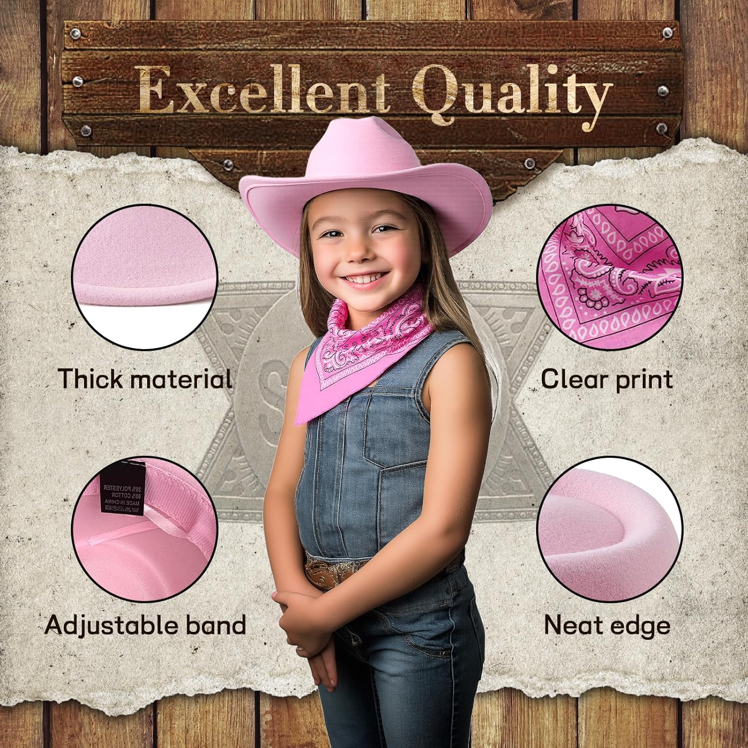 SeptCity Kids Cowboy Hat and Bandana for Age 5-10, Cowgirl Costume Set for Boys and Girls - Image 4