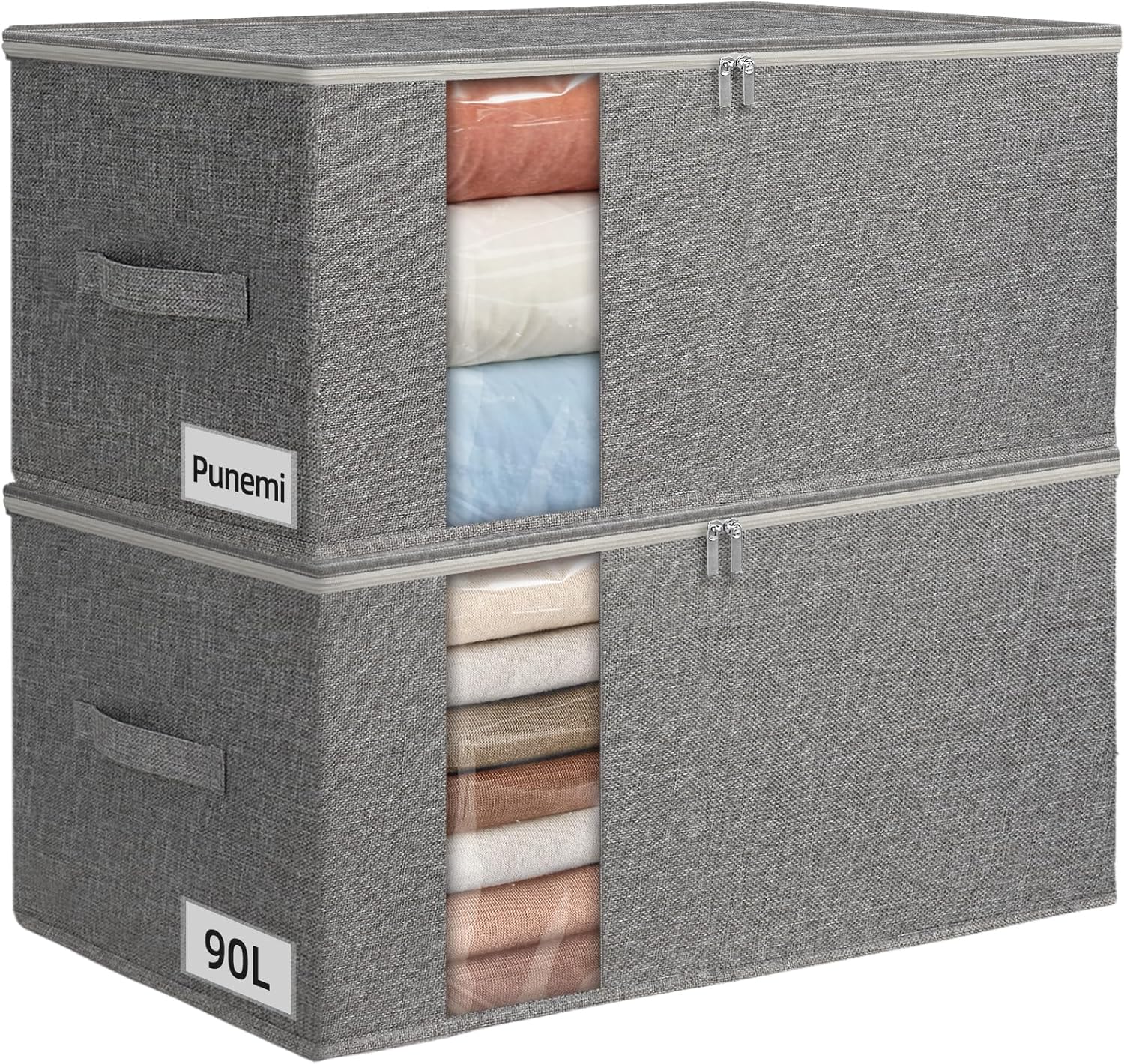 punemi King Size Comforter Storage Bag w/Sturdy Structure, 90L Extra Large Blanket Storage Bag for Bedding, Pillows, Quilts&Duvets, Stackable Closet Organizer with Clear Window,25.6x17.3x11.8in,Gray