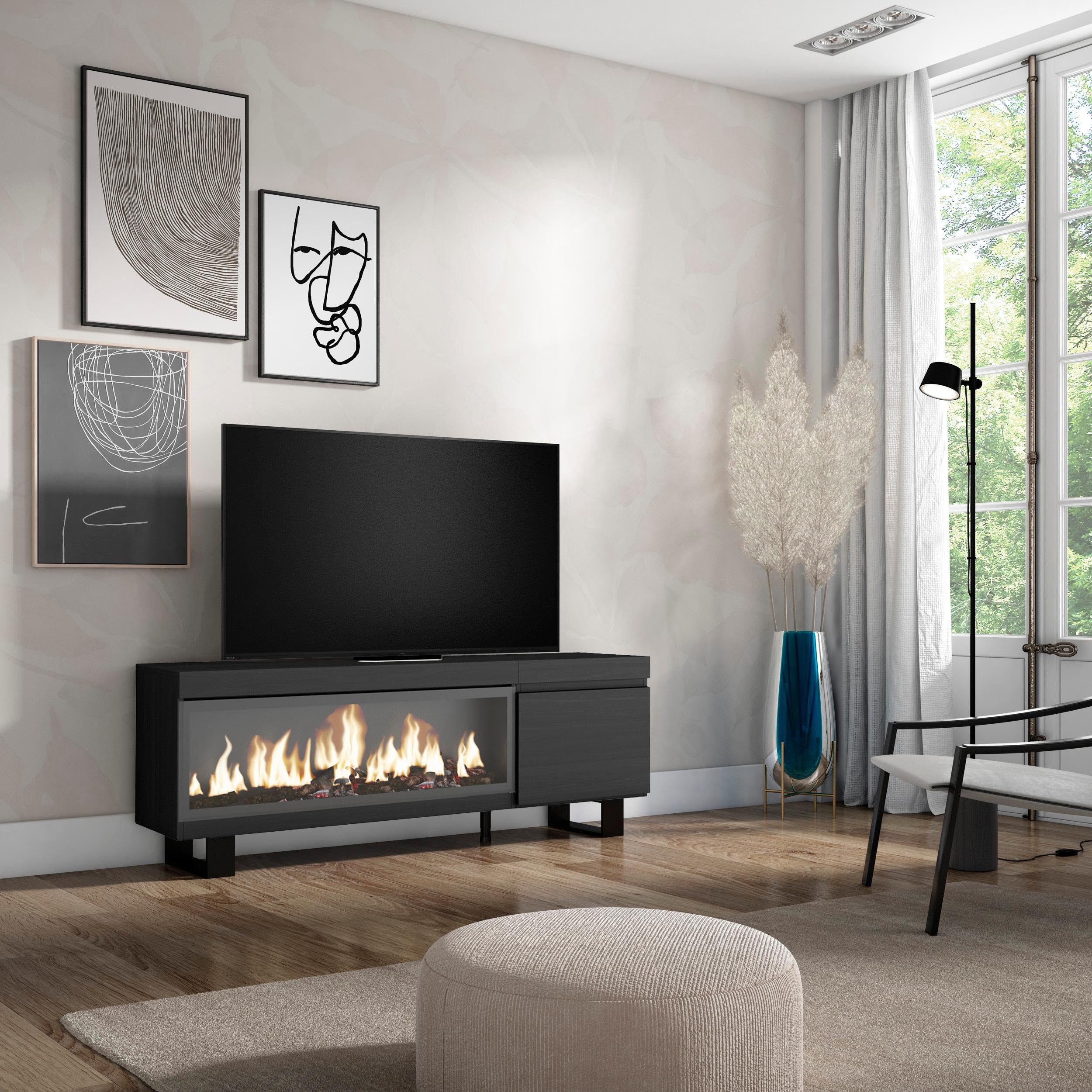 Skraut Home | TV-Schrank, Lowboard | für Wohnzimmer und Esszimmer | 160 | Für TV-Geräte bis zu 65" | Elektrokamin XXL | Industriedesign | Moderner Stil | Schwarz