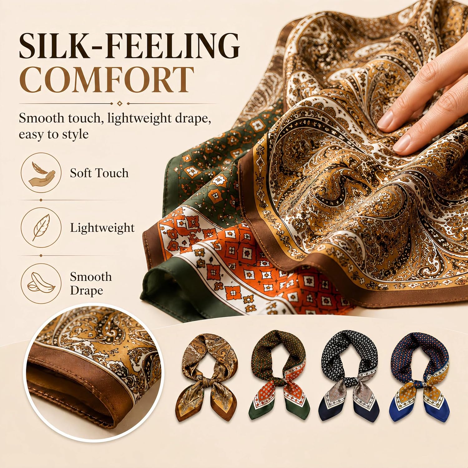 4PCS Neck Scarf Bandanas for Men and Women, Silk Feeling Head Scarfs, Fashion Neckerchief Square Purse Scarf