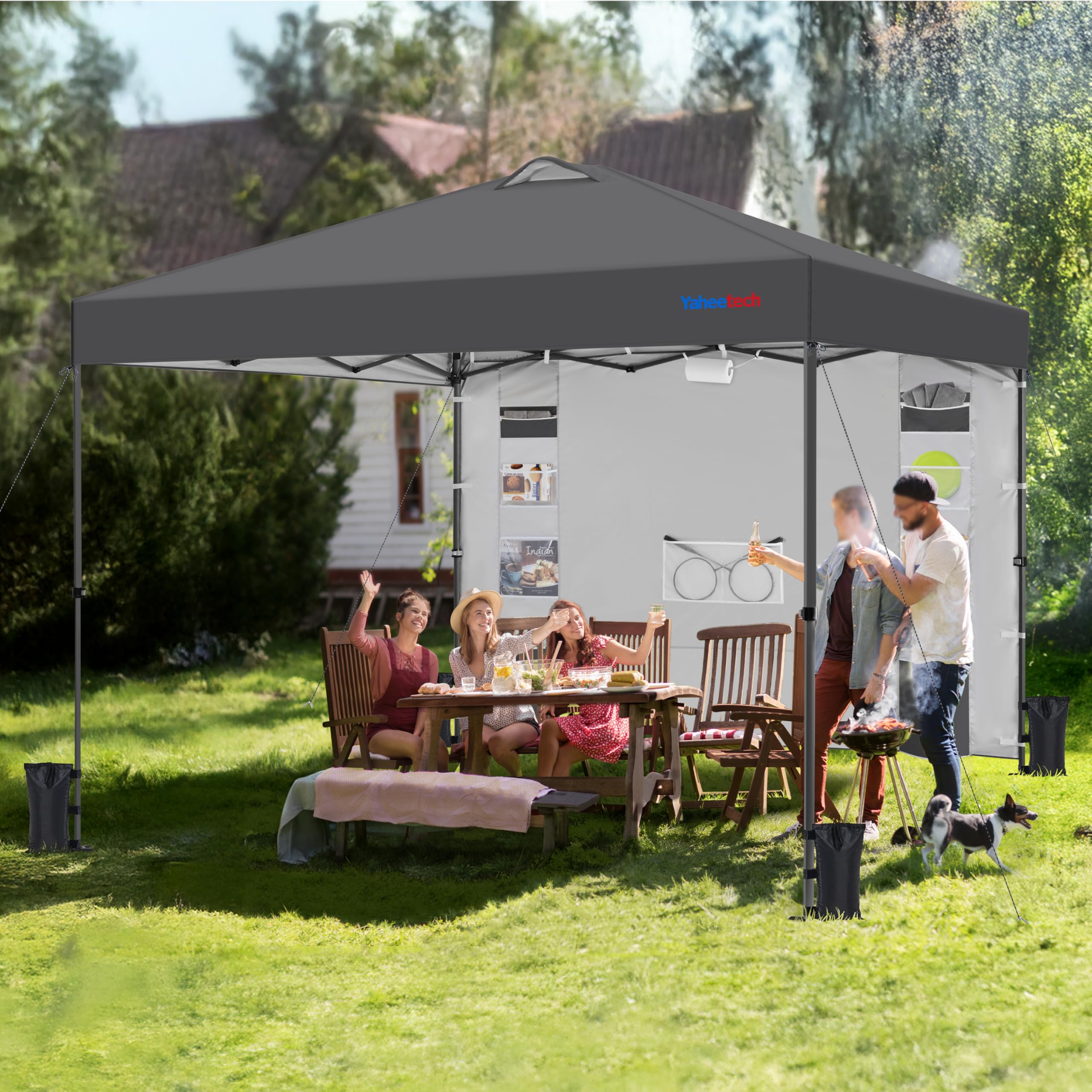 Yaheetech 3x3M Carpa Pop-Up con Botón Central con Pared Lateral de 9 Bolsillos de Almacenamiento, 1 Bolsa con Ruedas y 4 Sacos de Arena para Playa, Patio, Camping y Jardín, Gris Oscuro