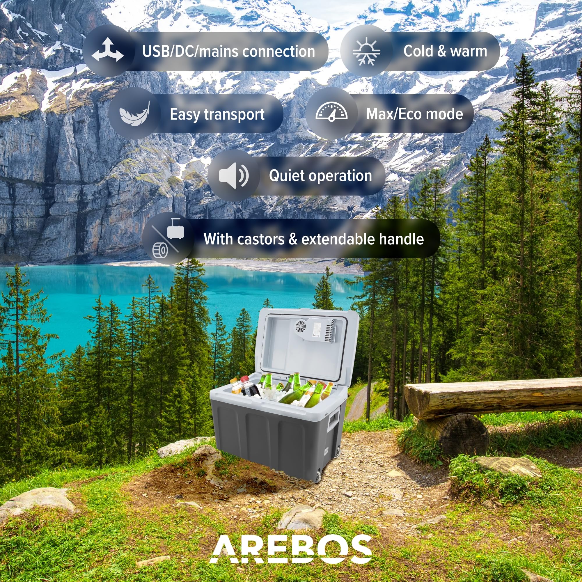 Arebos Nevera portátil de 40 litros, para enfriar y mantener el calor, mini frigorífico ecológico, 12/230 V para coche y enchufe