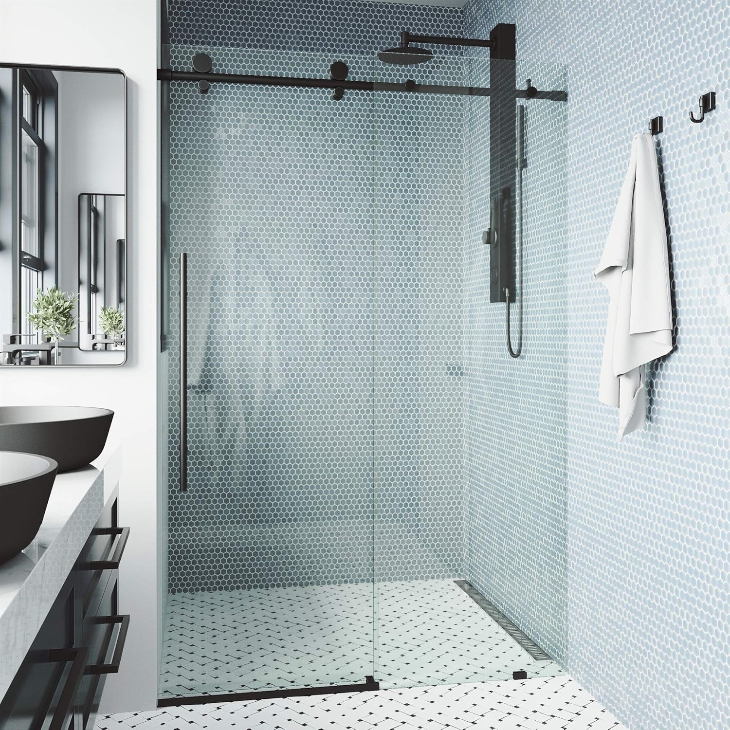 VIGO Elan E-Class 64 to 68 in. W x 76 in. H Sliding Frameless Shower Door in Matte Black with 3/8 in. Clear Glass-VG6021MBCL6876
