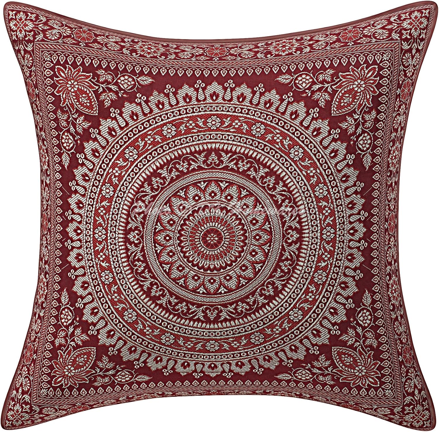 Ethnic Throw Pillowcases 16x16 Inch Brocade Jacquard Weave Decorative Square Mandala Cushion Covers (Size - 40x40 cm ; Color: Burgundy Maroon & Gold) - Set of 5 Pcs (Cover Only)