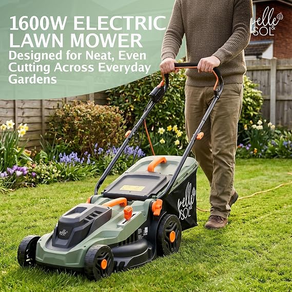 Pelle & Sol Electric Corded Lawn Mower 1600W, 38cm Cutting Width, 42L Grass Collector, Hand Push Lawnmower, 5 Adjustable Cutting Heights, Foldable Soft-Grip Handle, 10m Cable