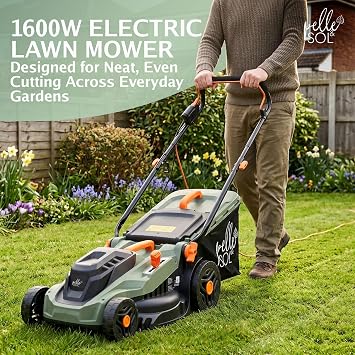 Pelle & Sol Electric Corded Lawn Mower 1600W, 38cm Cutting Width, 42L Grass Collector, Hand Push Lawnmower, 5 Adjustable Cutting Heights, Foldable Soft-Grip Handle, 10m Cable