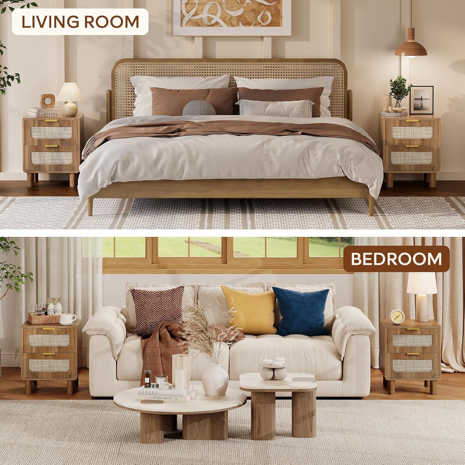LAZZO Set of 2 Nightstands Wooden Night Stands with Rattan Drawers Home Bedside End Table for Bedroom