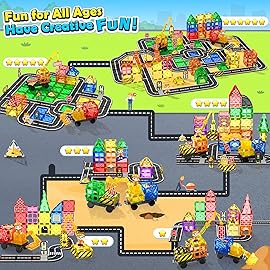 IGIVI 106PCS Magnetic Tiles Road Construction Set - STEM Magnet Building Blocks with Excavator & Crane - Educational Toys Games for Kids Ages 3-12 - Toddler Toys Gifts for Boys and Girls