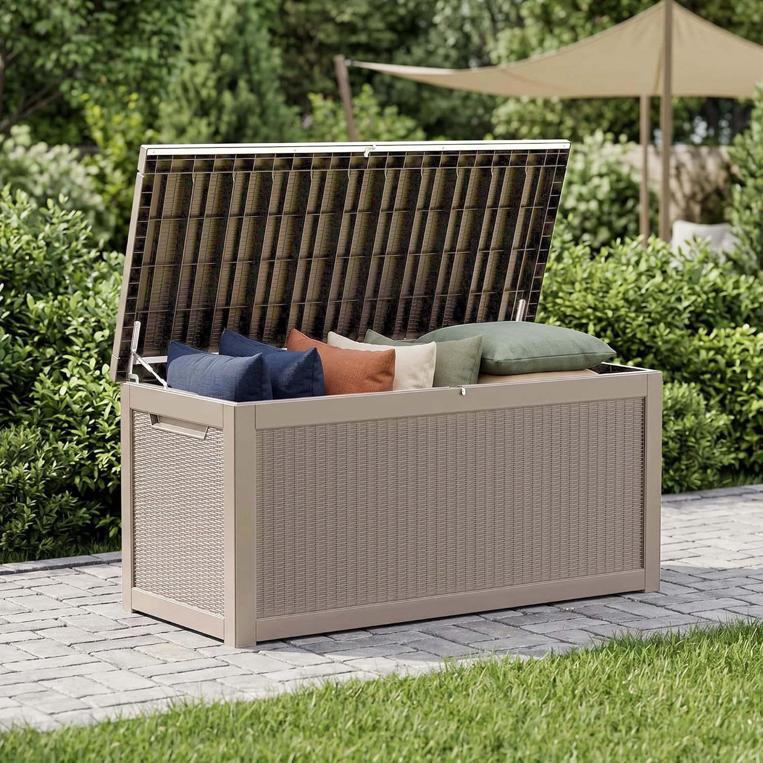 325 Gallon Outdoor Storage Box Waterproof, Large Deck Box Lockable Resin Outside Storage Bin for Pool Cushion, Patio Furniture, Garden Tools UV-Resistant, Grey