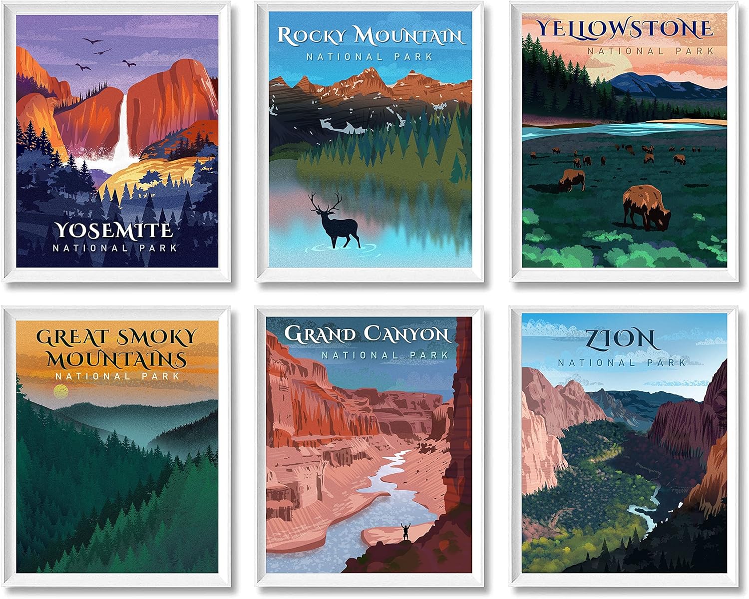 National Park Posters – Vintage Style Unframed Set of 6 Travel Prints, 11x14 Inch, Yosemite, Yellowstone, Grand Canyon, Zion, Smoky Mountain, Rocky Mountain National Parks Wall Poster, Abstract Nature Landscape Forest Wall Art Pictures for Bedroom Office Living Room Decor *LARGER SIZE*: Posters & Prints