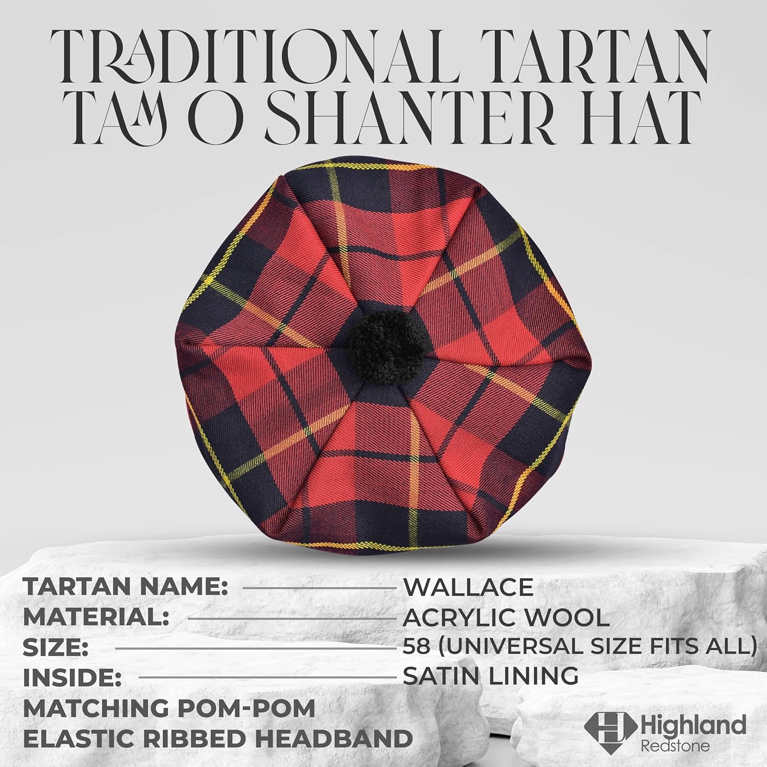 Scottish Hat Tam o Shanter Scottish Bonnet Tartan Hat P.V Tartan (Polyviscose) Wool Blend with Pompom | One Size fits All. - Image 4