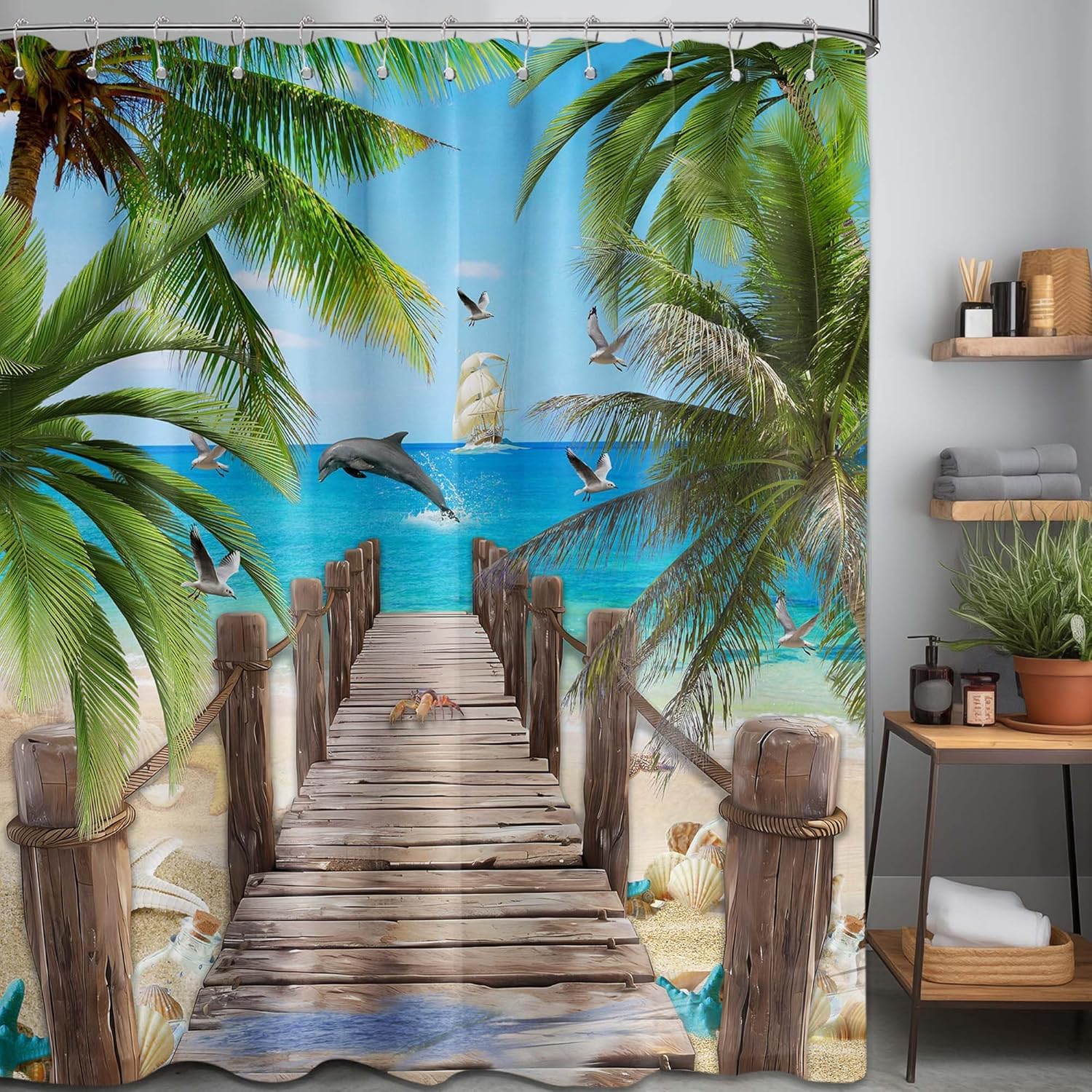Summer Beach Shower Curtains for Bathroom Palm Tree Nature Ocean Sunset Scene Bath Decor Sets, Waterproof Cloth Fabric with Hooks 84x72 inch