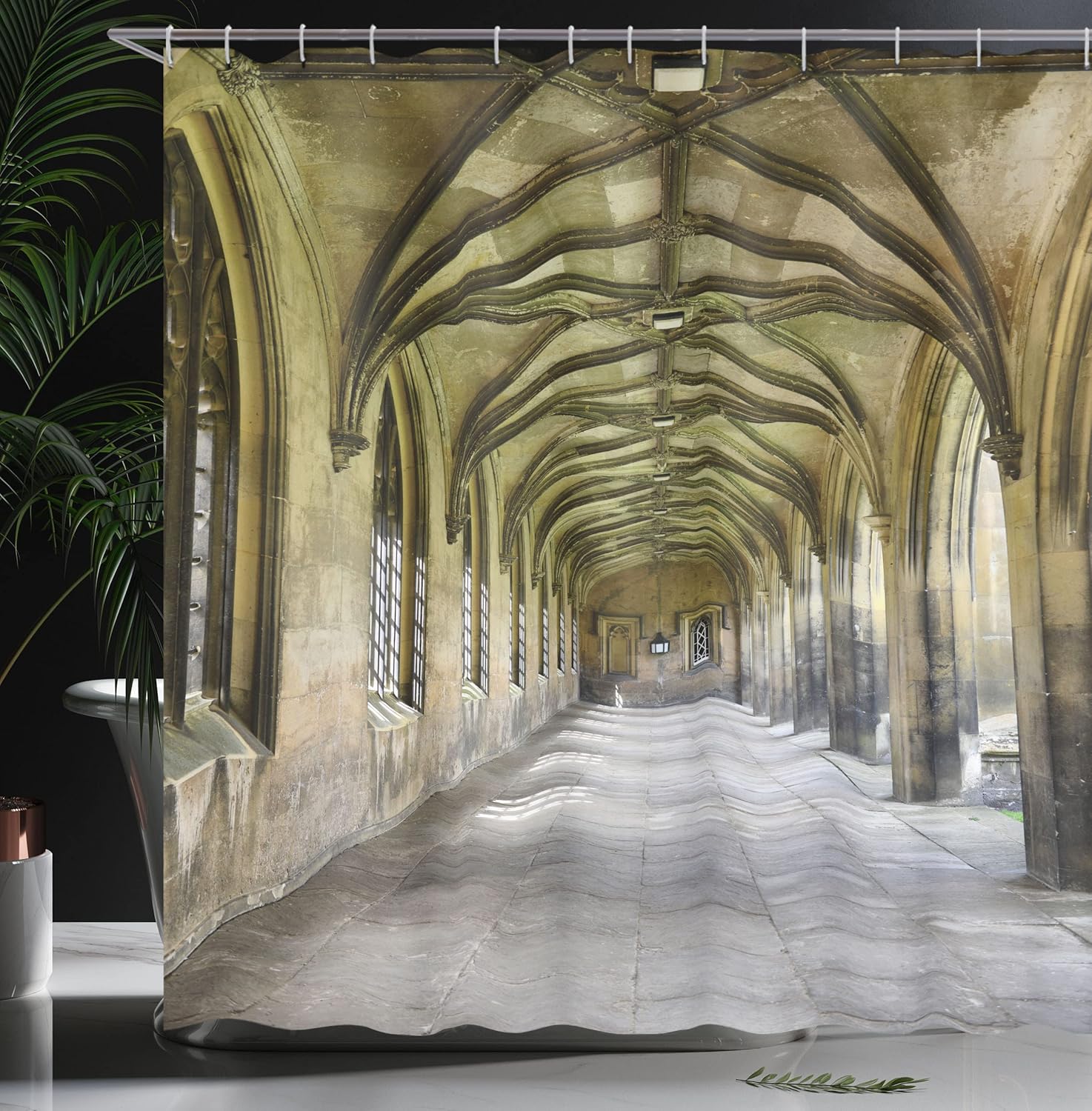 Ambesonne Gothic Shower Curtain, Paved Stone Walkway Old Arches Receding into Distance Arched Windows Portals, Cloth Fabric Bathroom Decor Set with Hooks, 69" W x 75" L, Charcoal