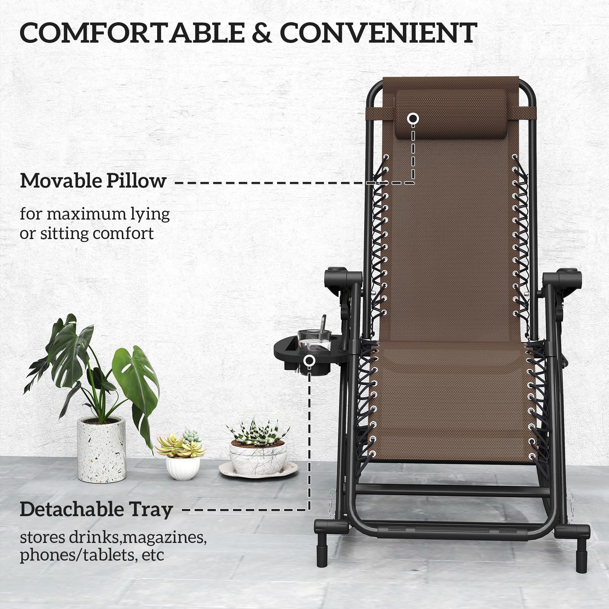 Mecedoras para exteriores, plegables, reclinables, de gravedad cero, con almohada, portavasos y soporte para teléfono, diseño combinado con patas plegables, color marrón 4