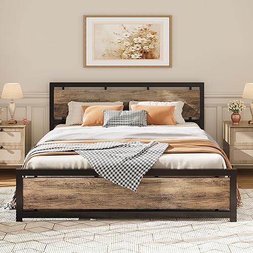 Miniatura 13 de Base de cama king LIKIMIO con cabecera y pie de cama, soportes metálicos resistentes, fácil montaje, libre de ruidos, no necesita somier, color