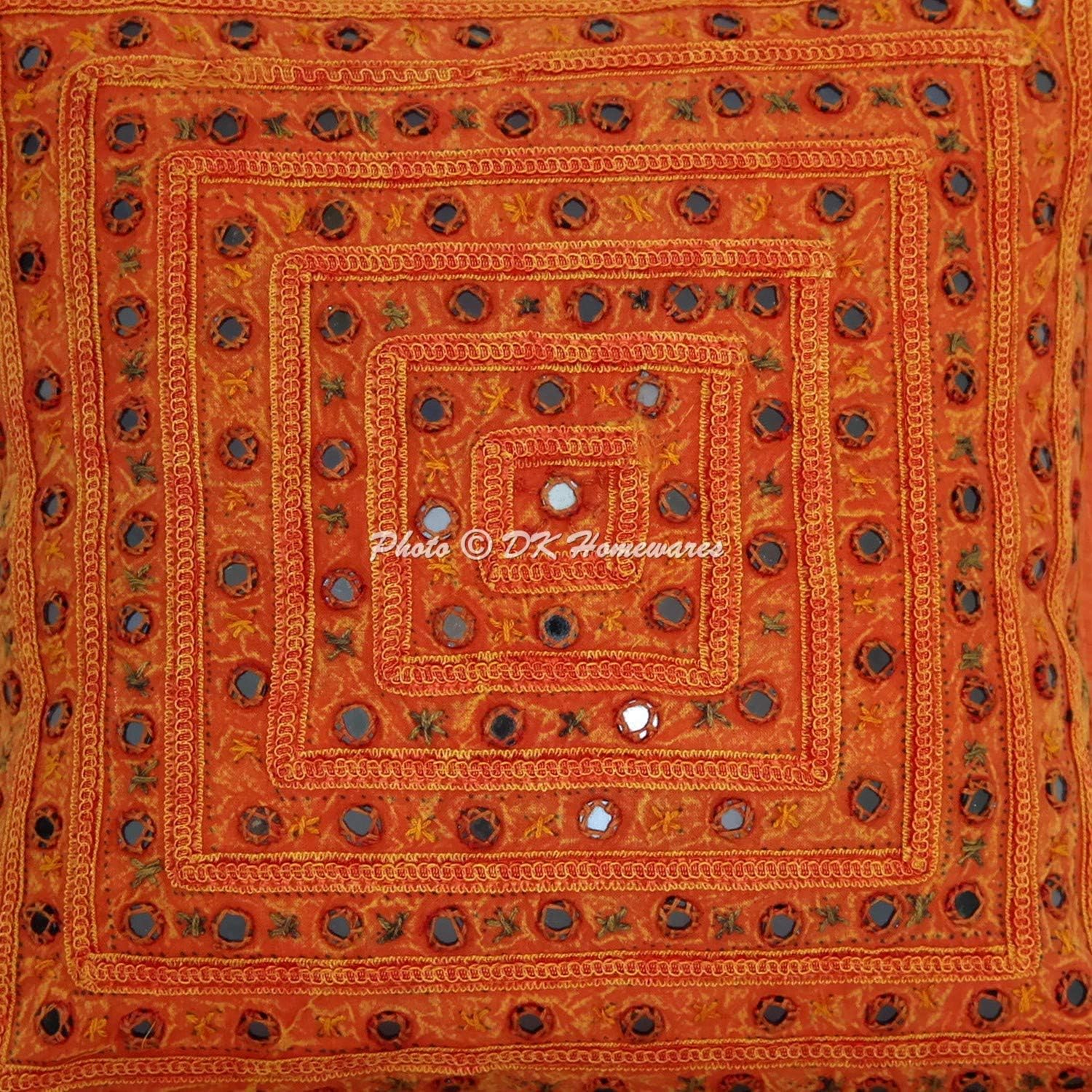 Ethnic Decorative Couch Throw Pillow Covers 16 x 16 Inch Cotton Mirrored Embroidered Boho Square Toss Cushion Covers (Size - 40x40 cm ; Color: Orange) - Set of 4 Pcs (Cover Only)