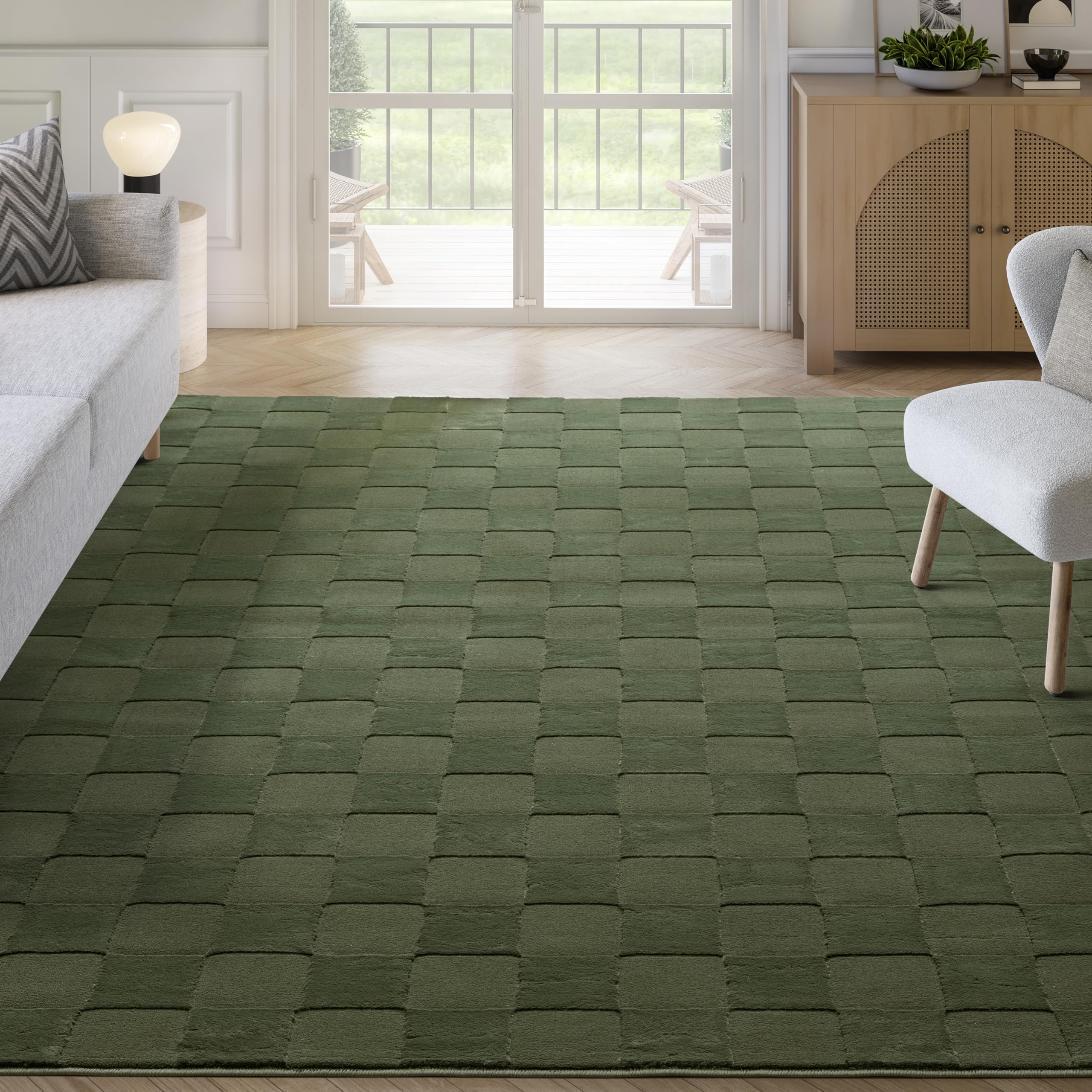 Abani Green Checkered Area Rug - 5' x 8' - Chunky, Plush and Soft Washable Carpet - Perfect for Living Room & Bedroom - Plush Deco Collection