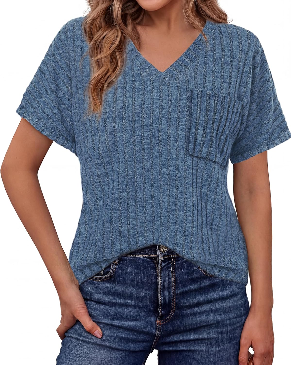 Womens Tops, Comfort Short Sleeve Tops, Vacation Summer Tops Shirts for Women, 2026 Fashion Clothing Trendy Dressy V Neck Casual Business Blouses with Pocket, Navy Blue, Large