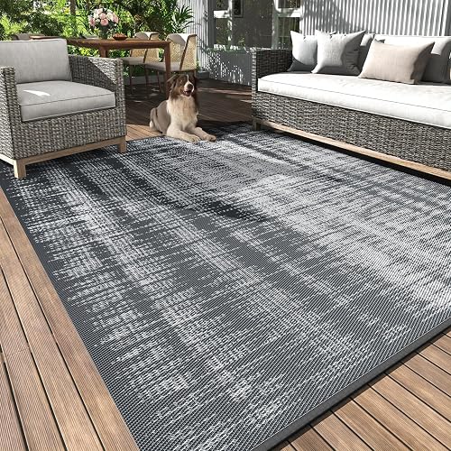 MontVoo Outdoor Rug Waterproof 5x8 ft Reversible RV Camping Rug Plastic Straw (Modern Grey)