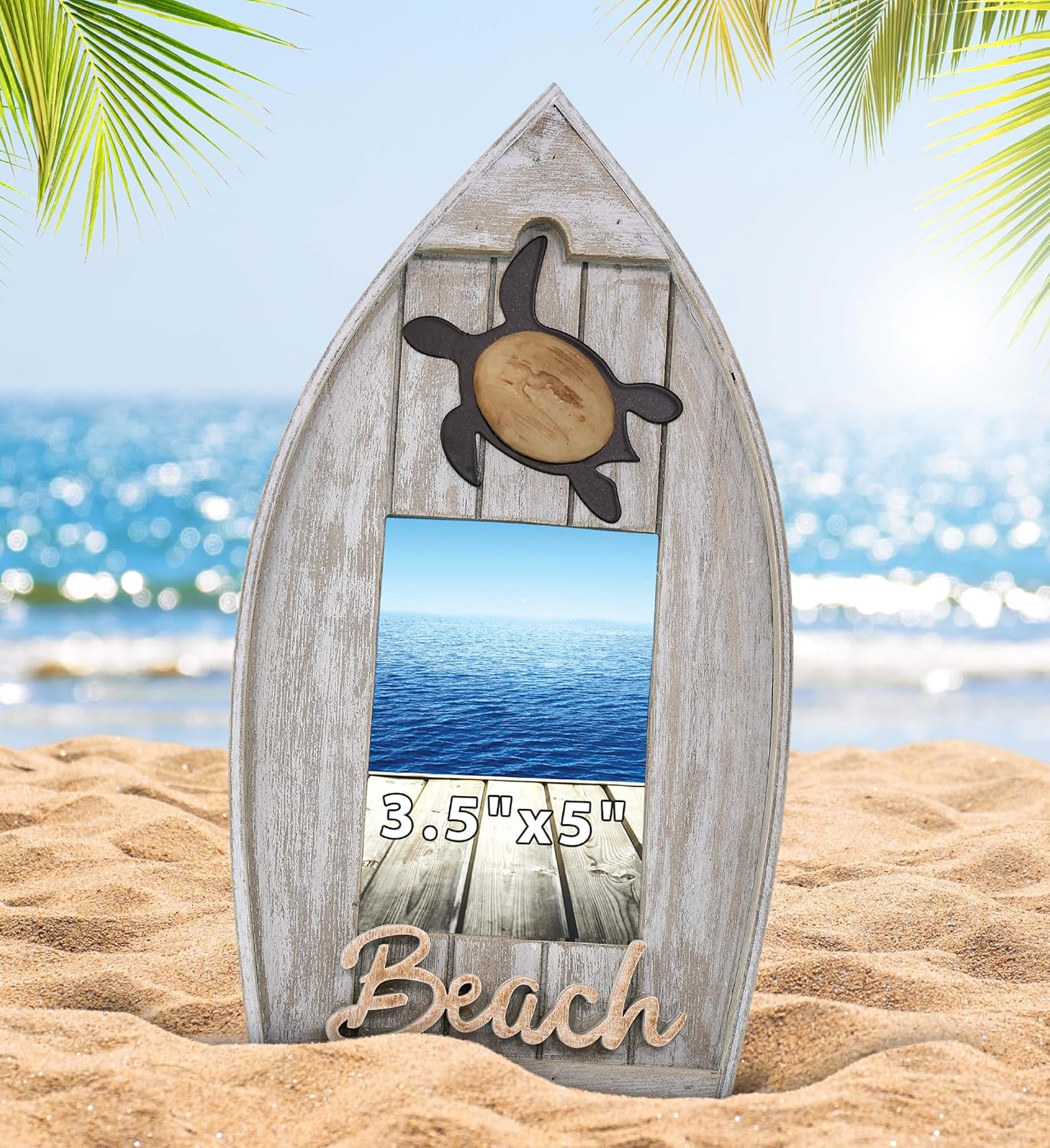CoTa Global Coastal Sea Turtle Boat 3.5X5 Frame - Grey Distressed Wood Boat Photo Frame for Summer Vacation Memory, Handmade Boat-Shaped Nautical Picture Frame For Tabletop or Wall Hang - 11 Inches
