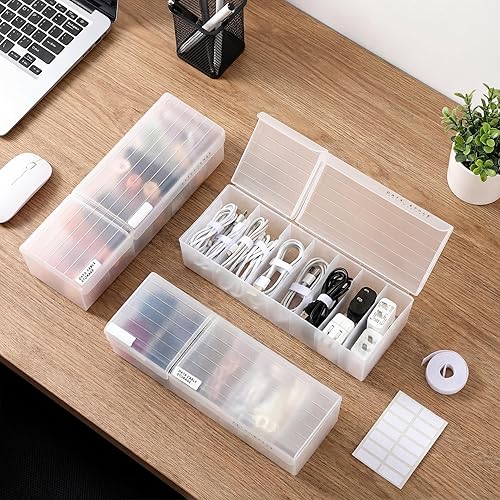 Paquete de 3 cajas organizadoras de cables transparentes con bridas de alambre y etiqueta, caja de almacenamiento de cable de plástico con tapa,