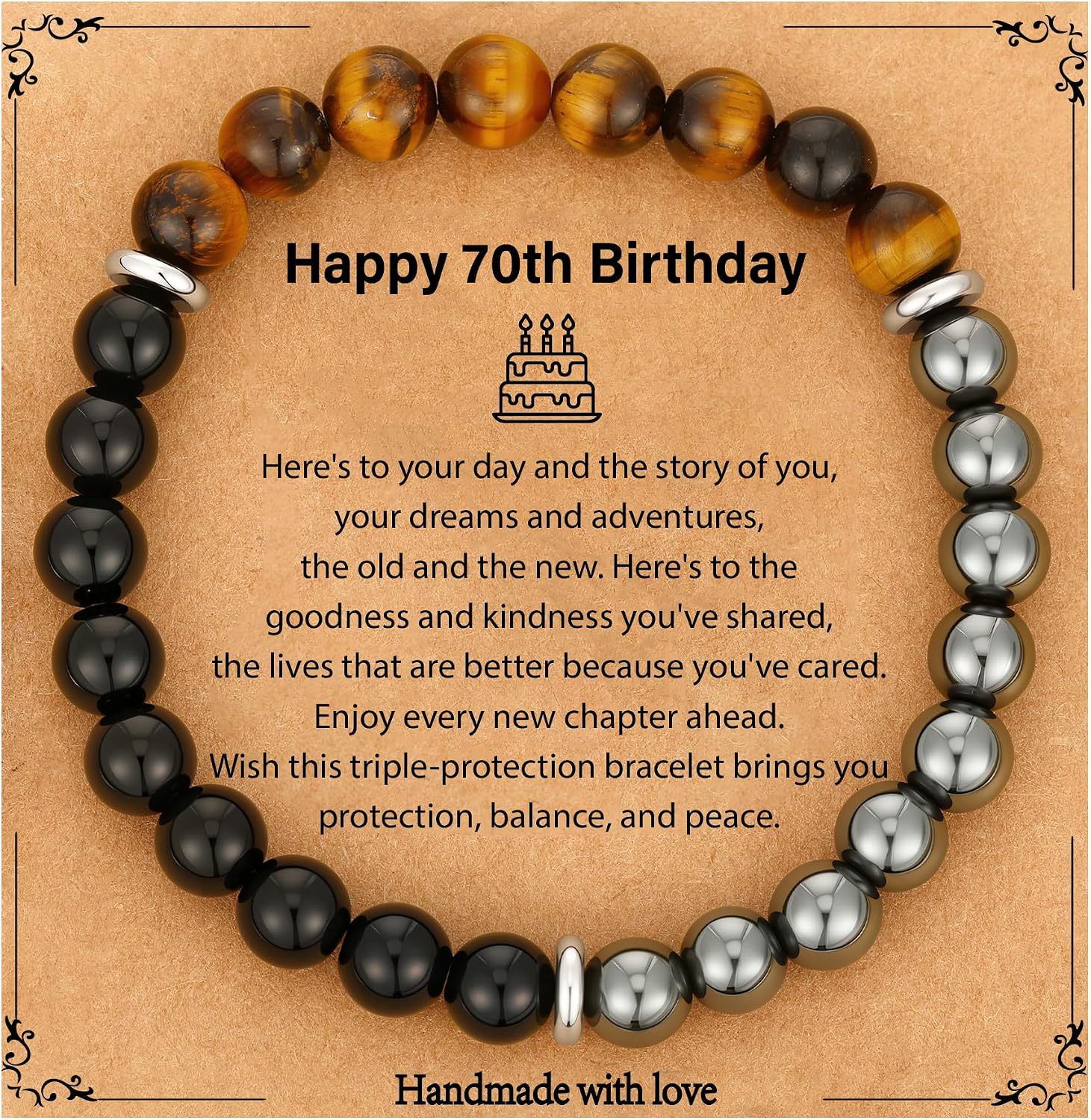 P.BLAKE Happy Birthday Anniversary Bracelet Gift for Men, Triple Protection Bracelet Natural Stone Beads 30 40 50 60 70 Year Old Birthday Jewelry Gifts