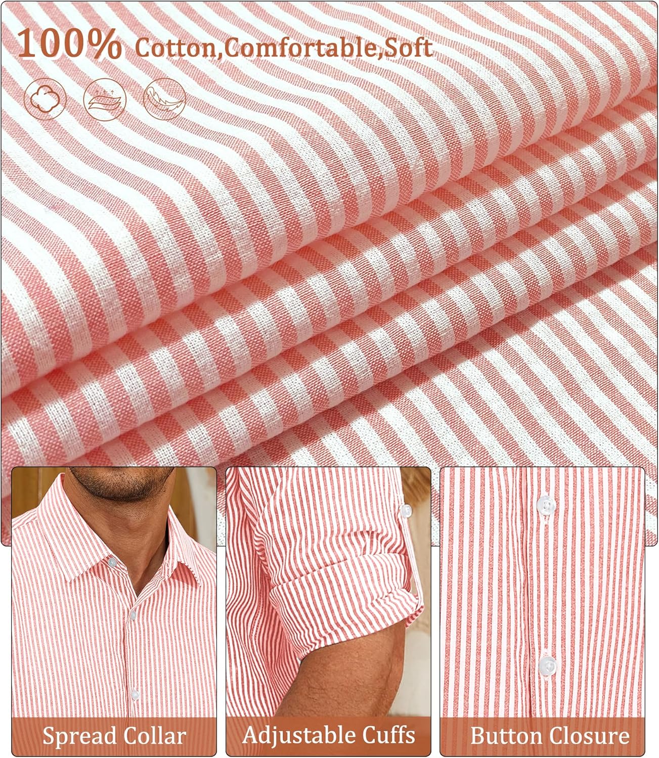 Deer Lady Mens Long Sleeve Button Down Shirt Striped Casual Cotton Business Summer Beach Wedding Dress Shirts - Image 7