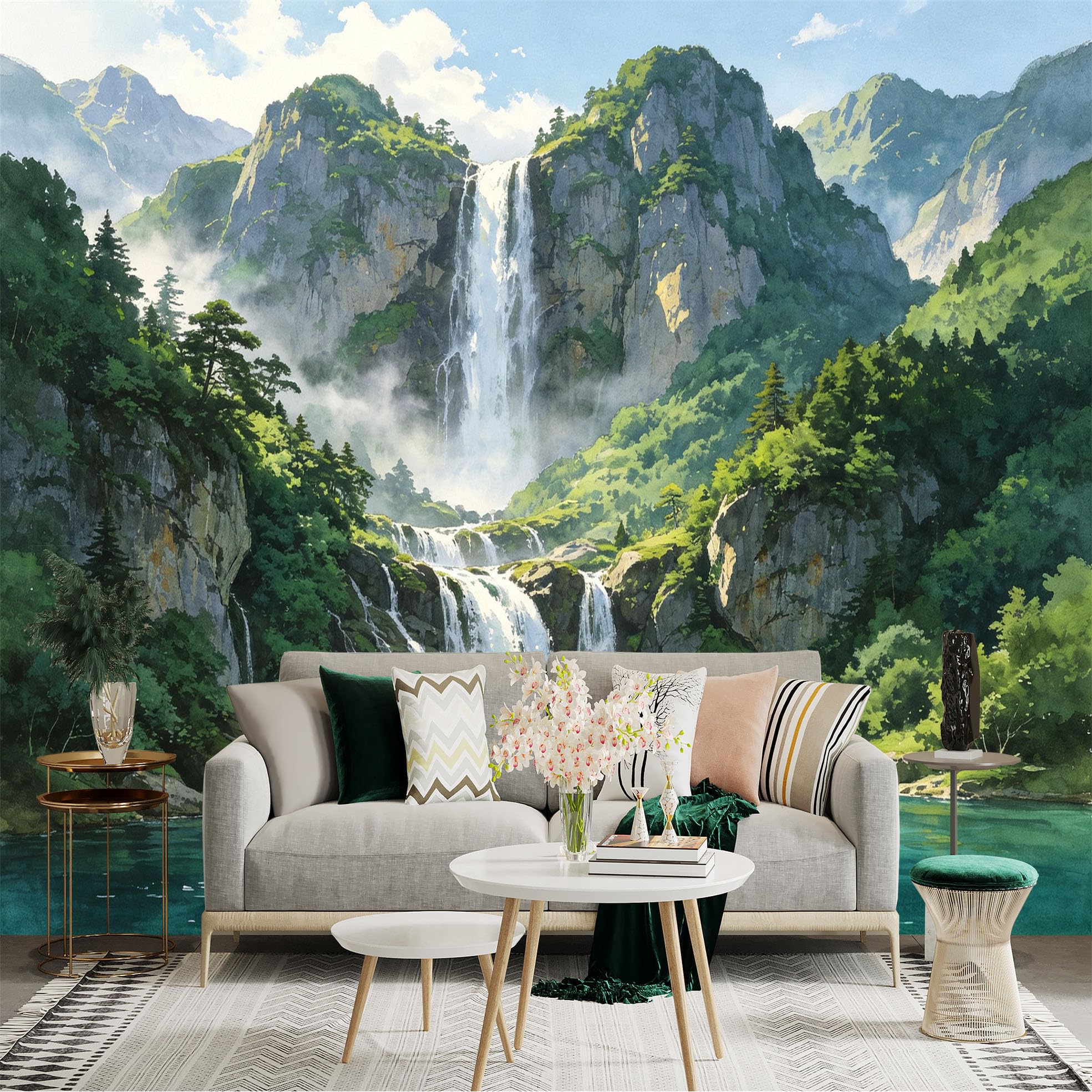 Custom Size Wall Sticker Mural， Majestic Waterfall， Lush Green Mountains， Serene Blue Lake， Nature Landscape， for wall Decoration， peelandstick wall Decals.