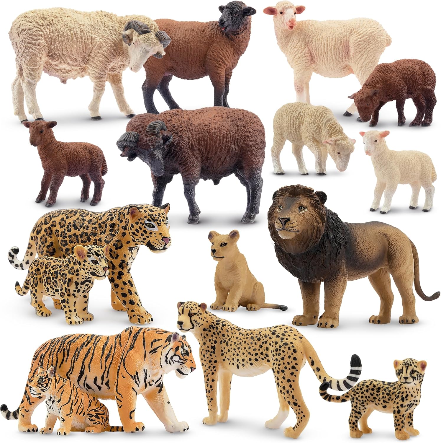 Toymany 16PCS Jungle Animals and Farm Animals Figures, Realistic Lion, Tiger, Cheetah and Jaguar Figures and Merino Sheep Figurines with Cubs, Cake Toppers Christmas Birthday Toy Gift for Kids