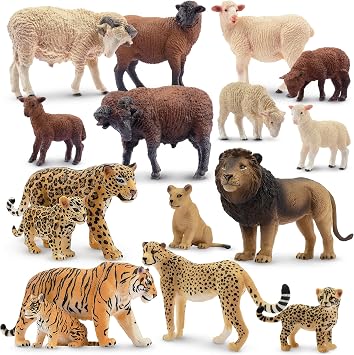 Toymany 16PCS Jungle Animals and Farm Animals Figures, Realistic Lion, Tiger, Cheetah and Jaguar Figures and Merino Sheep Figurines with Cubs, Cake Toppers Christmas Birthday Toy Gift for Kids