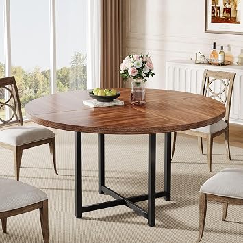 Tribesigns Round Dining Table for 4-6, 120cm Circle Kitchen Table, Modern Wood Small Dinner Tables, with Sturdy Cross Metal Legs for Kitchen Living Room, Dining Room Rustic Brown
