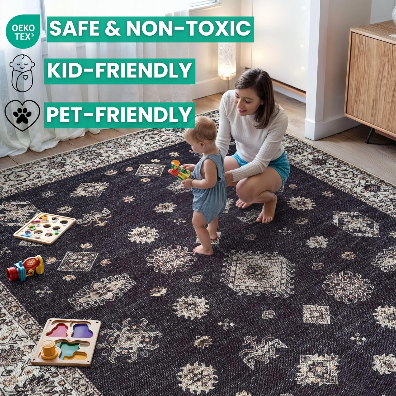 Bloom Rugs Washable Non-Slip 4' x 6' Rug - Black/Ivory Traditional Area Rug for Living Room, Bedroom, Dining Room, and Kitchen - Exact Size: 4' x 6' - Image 6