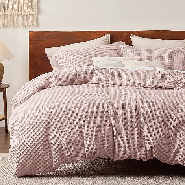 Bedsure Cotton Duvet Cover King - 100% Cotton Waffle Weave Pink Duvet Cover King Size, Soft and Breathable King Duvet Cover Set for All Season (King, 104"x90")