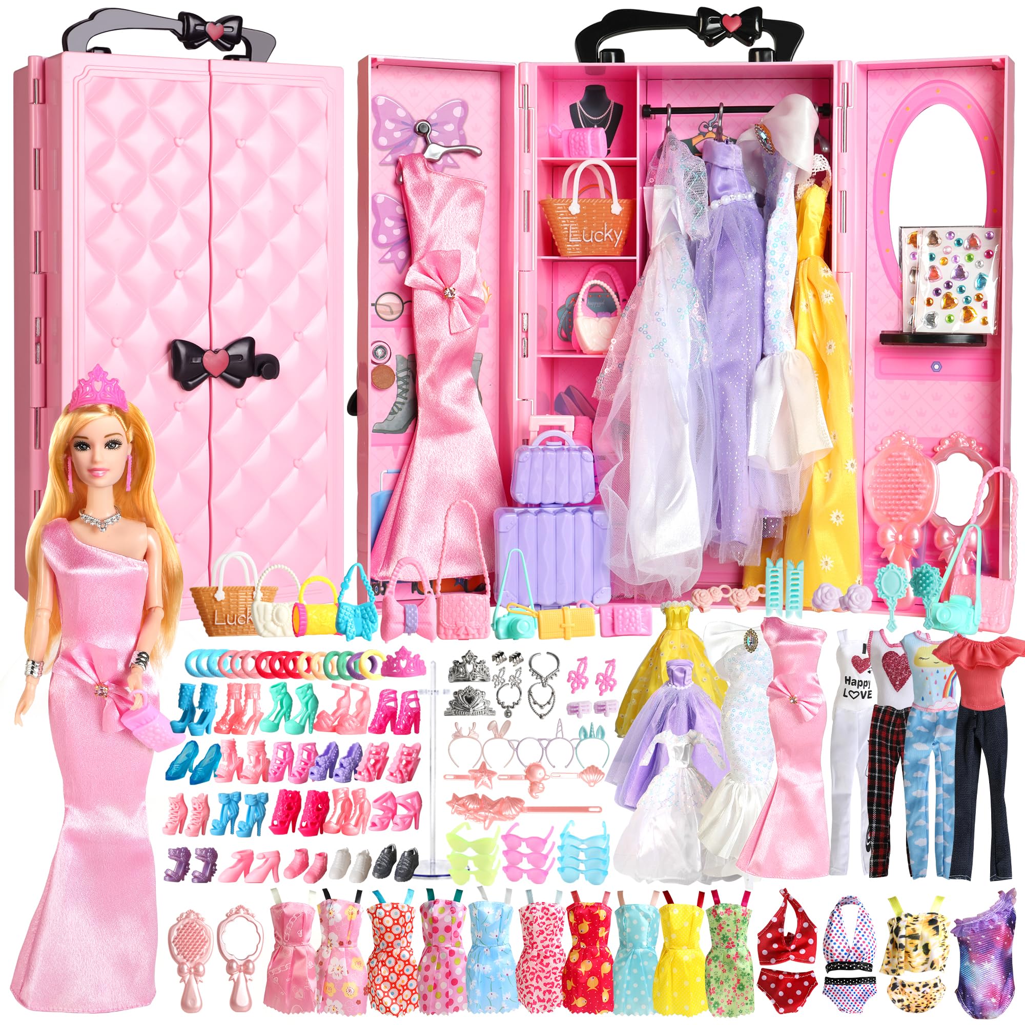 UCanaan 180 Pcs Doll Clothes and Accessories Set, Princess Gowns, Dresses, Tops, Pants, Shoes, Hangers, Fashion Doll Wardrobe, Ages 3+ Best Gitfs for Girls Christmas Birthday