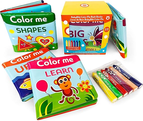 Download Amazon Com Babybibi Color Me Bath Books Plus Crayons Set Of 4 Different Books Includes 6 Washable Bath Crayons Learn And Play Including Opposites And Shapes Suitable For 3