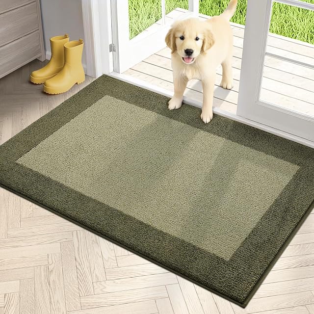 PURRUGS Dirt Trapper Tapis de porte 32" x 48"", Rug d'entrée lavable en machine non glissante/kide, racleur de chaussures, rug de lancer, rug Super Absorbent Area pour les chaussures et les pattes mouillées Muddy, vert boudin & Vert Sauge