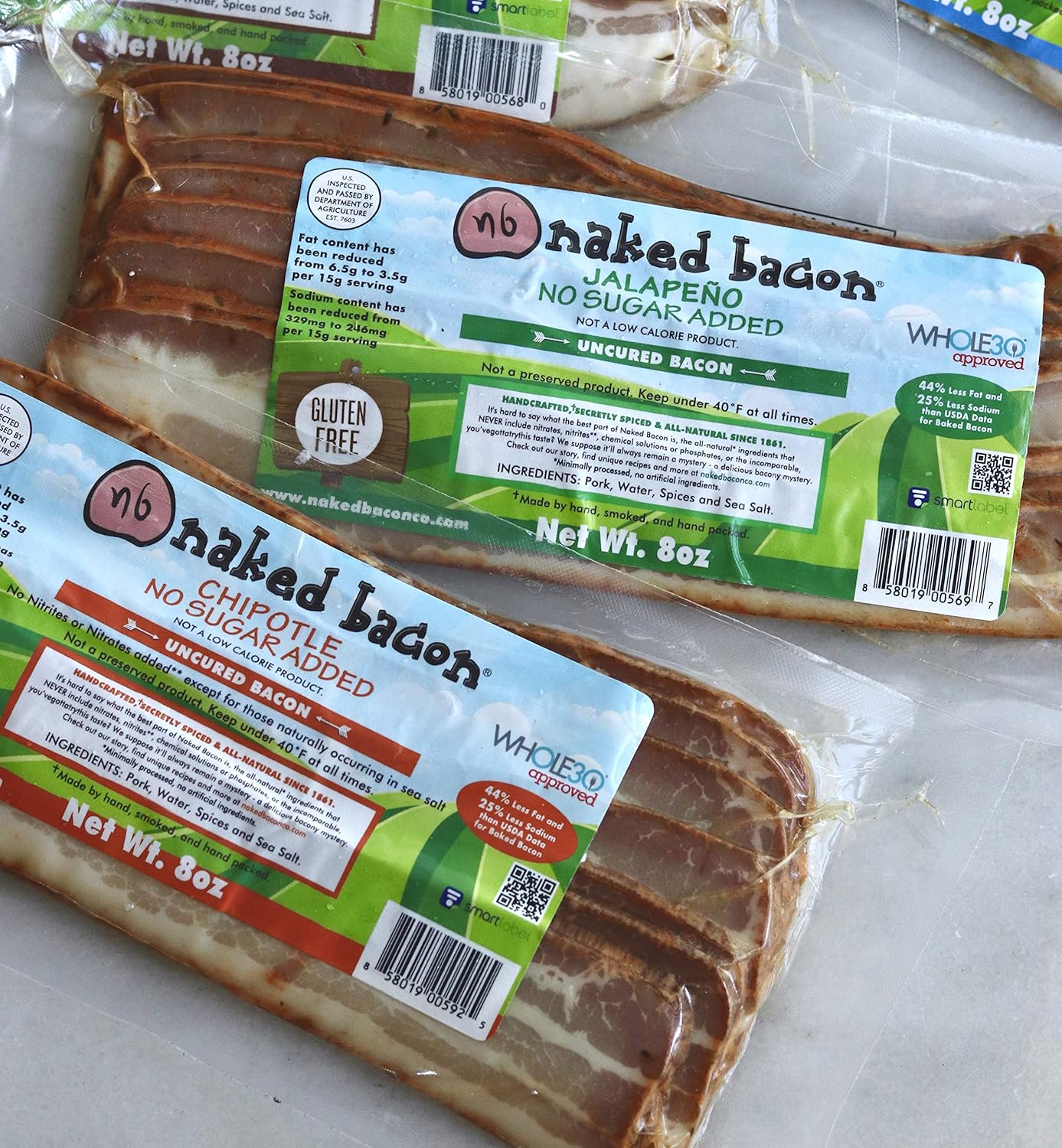 Chipotle Sugar Free Naked Bacon - Whole30 Approved Multipack (5 packages) - No Sugar, Nitrate Free, Paleo, Keto, WW Friendly Bacon, Lower Fat, Lower Sodium