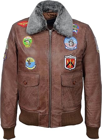 Mens G-1 Jet Fighter Bomber Badges Navy Air Force Pilot Leather Military Jacket Sheepskin Collar