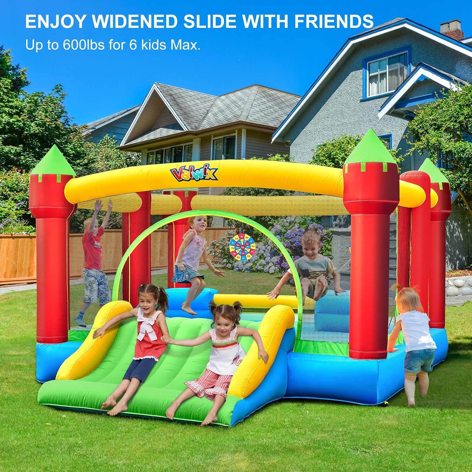 Valwix 15' x 12' Large Inflatable Bounce House for 6 Kids with Blower & Slide for 3-10 yrs Children, Bouncer w/Big Bouncy Area, Barrier & Basket Ball Hoop