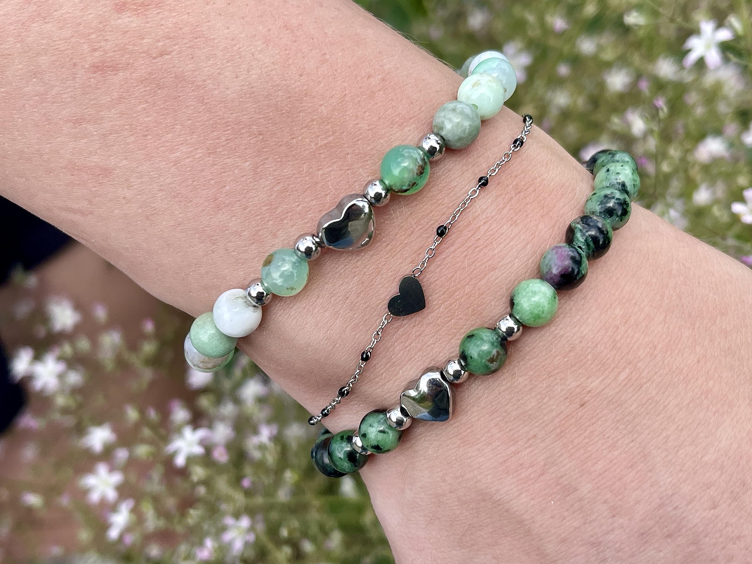 Chrysopras Armband Perlen echt 6mm Herz Edelstahl Silber Gold Roségold oder Ionisiert - Handmade Perlenarmband Vertrauen Geborgenheit Selbstvertrauen - Spiritueller Schmuck Damen Mädchen