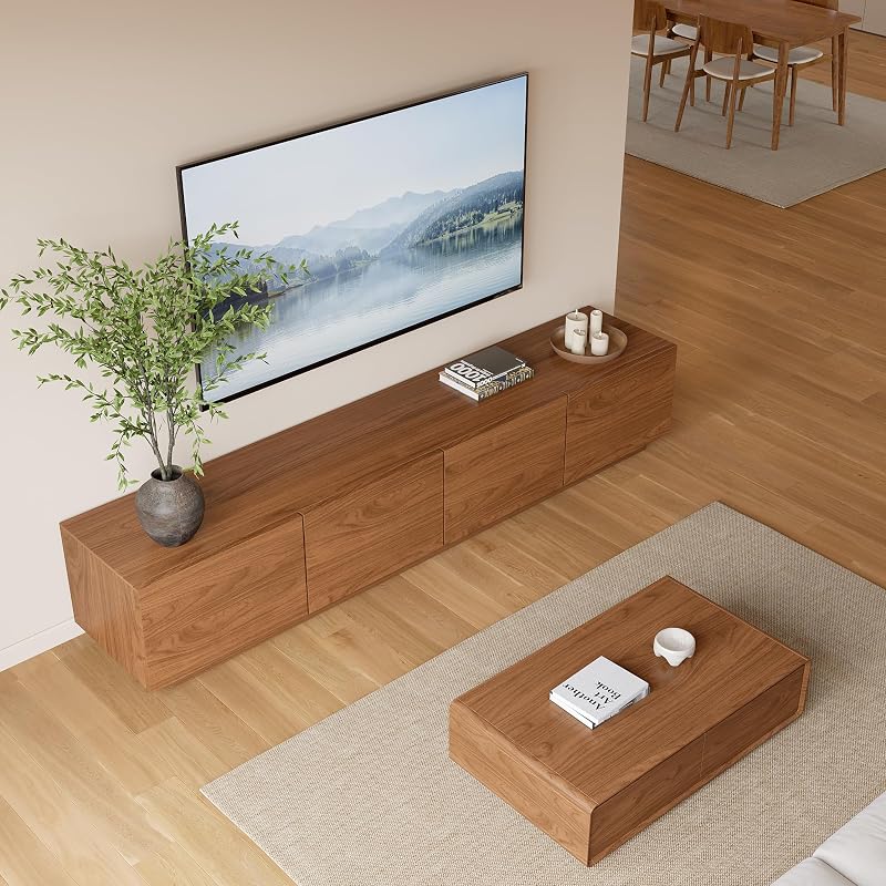 Wood Slat Base TV Stand, 94.49" Mid-Century Modern Walnut Media Console image 7