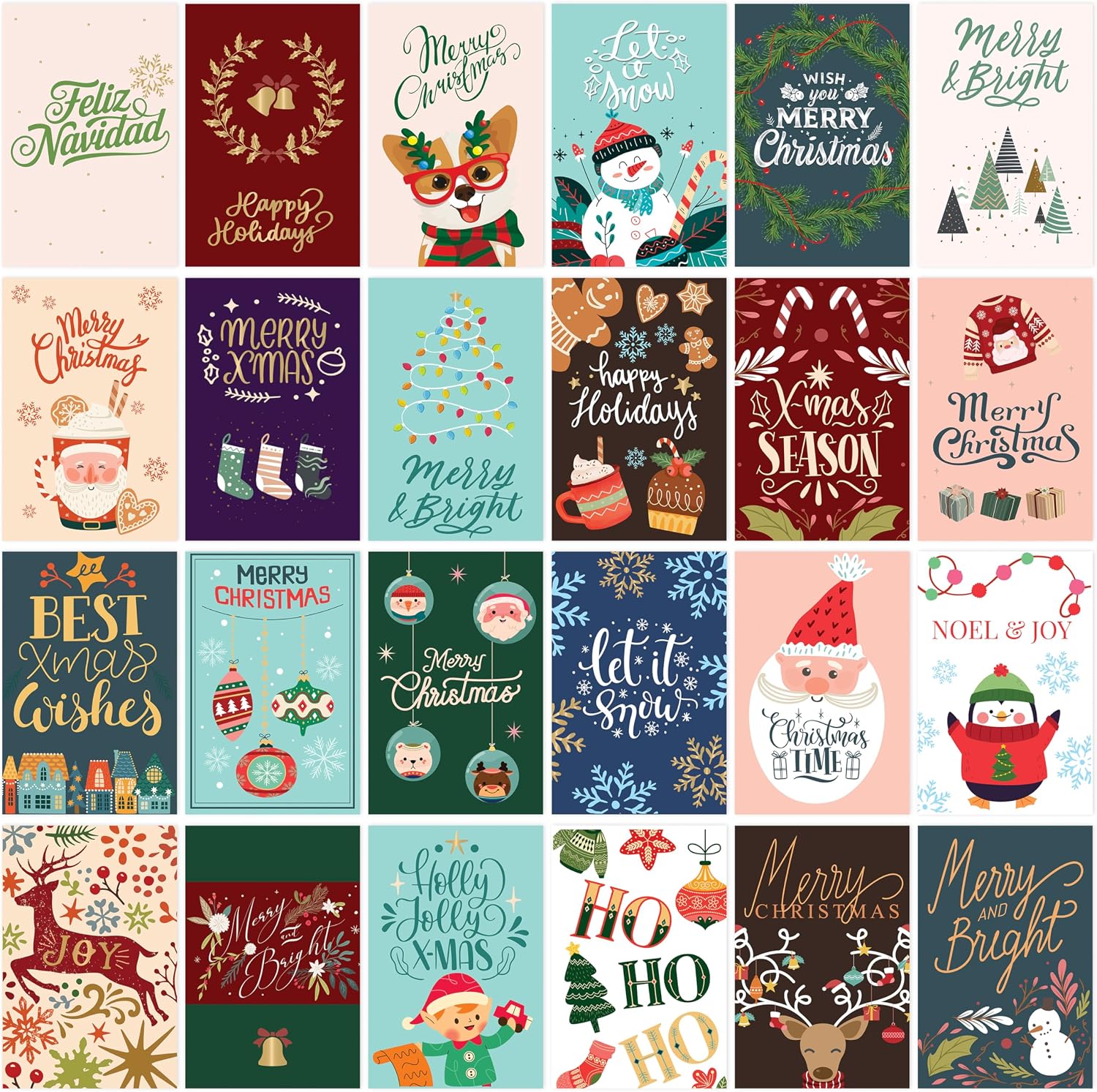 JOYIN 24 PCS Christmas Cards with Envelopes and Stickers, 24 Colorful Designs 4" x 6" Assortment Christmas Cards Bulk for Wintertime Season, present Giving, Xmas Holiday