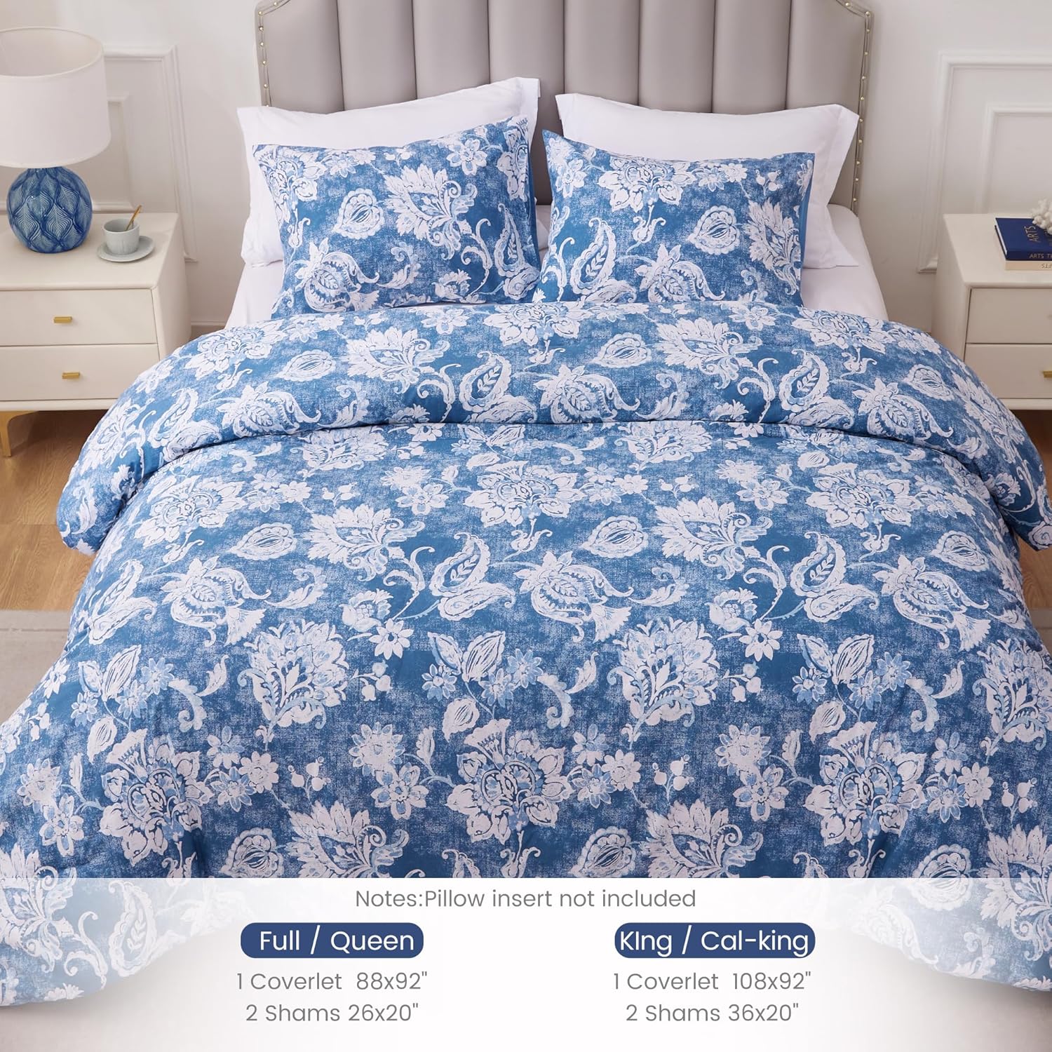 Sophia & William Blue and White Floral Queen Size Comforter Set, 3 Pcs Cotton Comforter Set with Flower Pattern Printed Comforter & 2 Pillowcases, All Season Lightweight Bedding Set