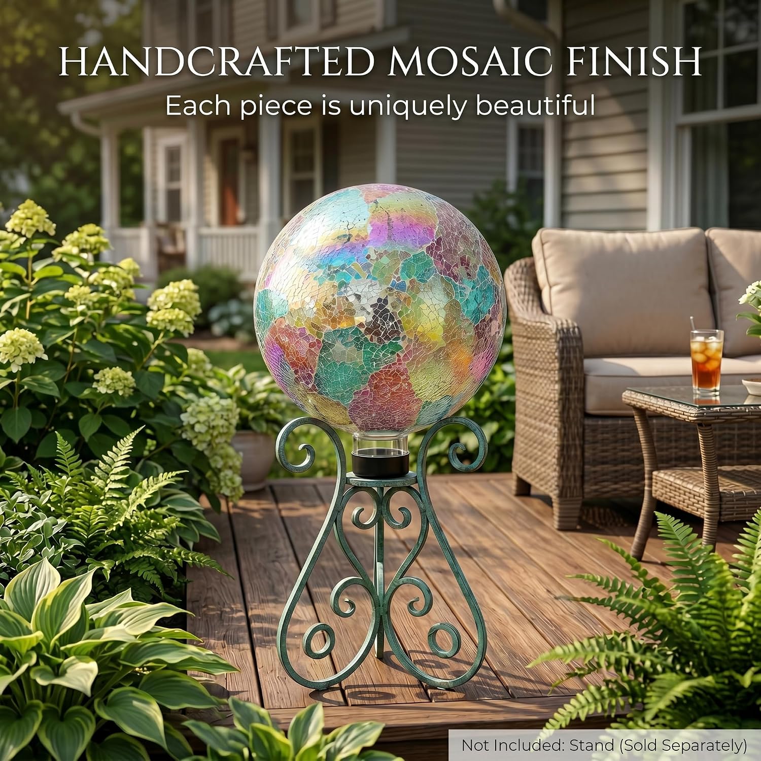 10" Iridescent Mosaic Glass Gazing Ball, Rainbow Crackle Reflective Garden Globe, Outdoor Yard & Patio Decor, Weather-Resistant Decorative Sphere for Year-Round Display