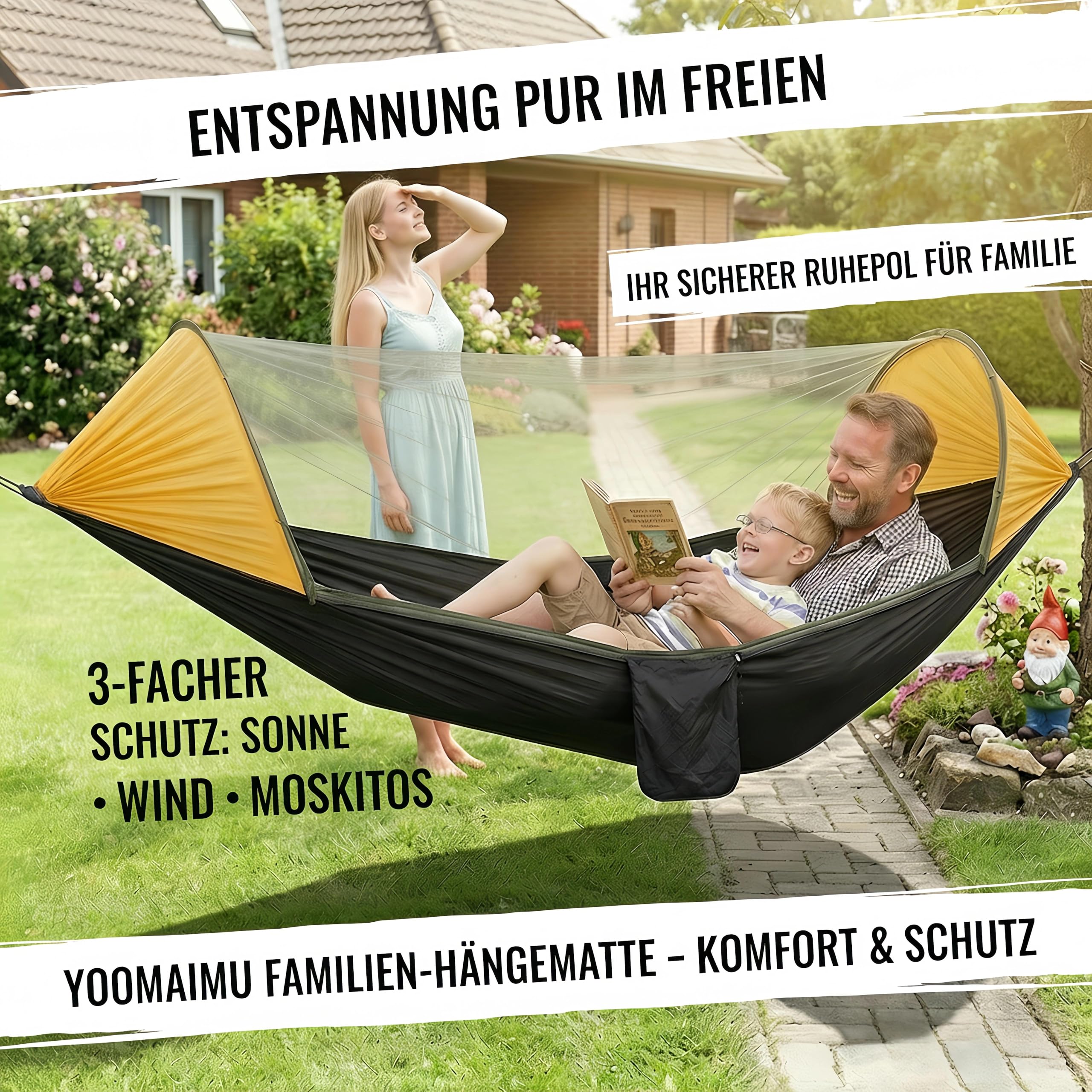 Familien Hängematte mit Moskitonetz, Sonnenschutz & Windschutz, Ultraleicht für 2 Personen, Eltern mit Kind, Garten, Balkon & Camping,200 kg Tragkraft, 290×140 cm (Gelb-Schwarz)